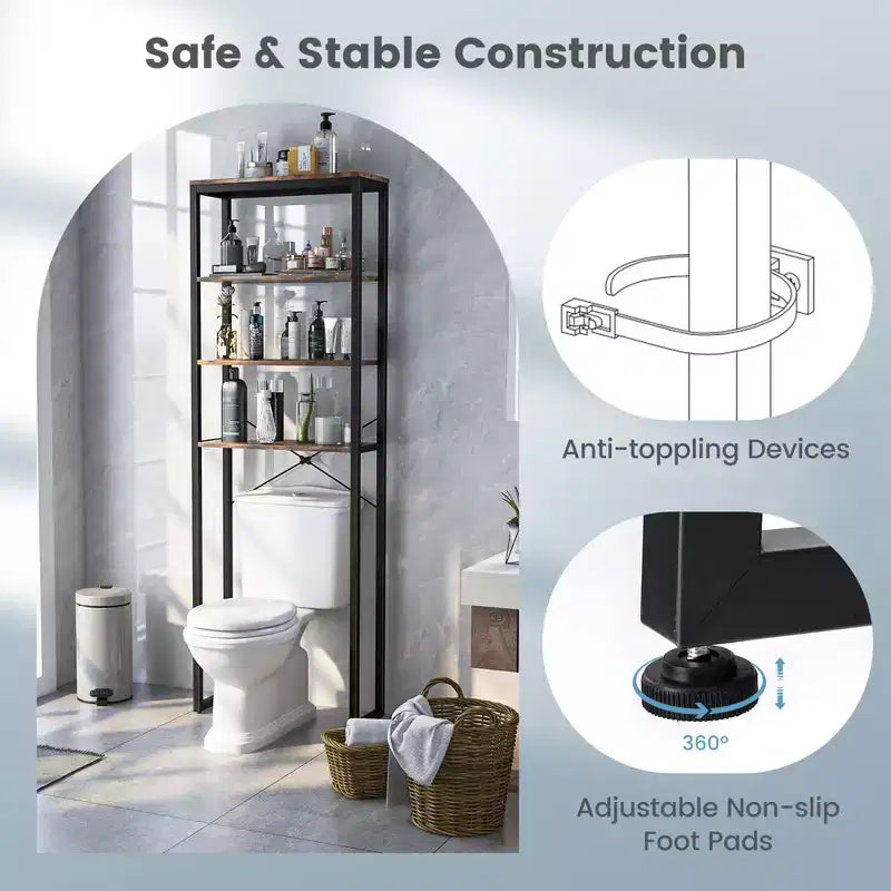 Étagère de rangement 4 niveaux au-dessus des toilettes, organisateur de salle de bain rustique