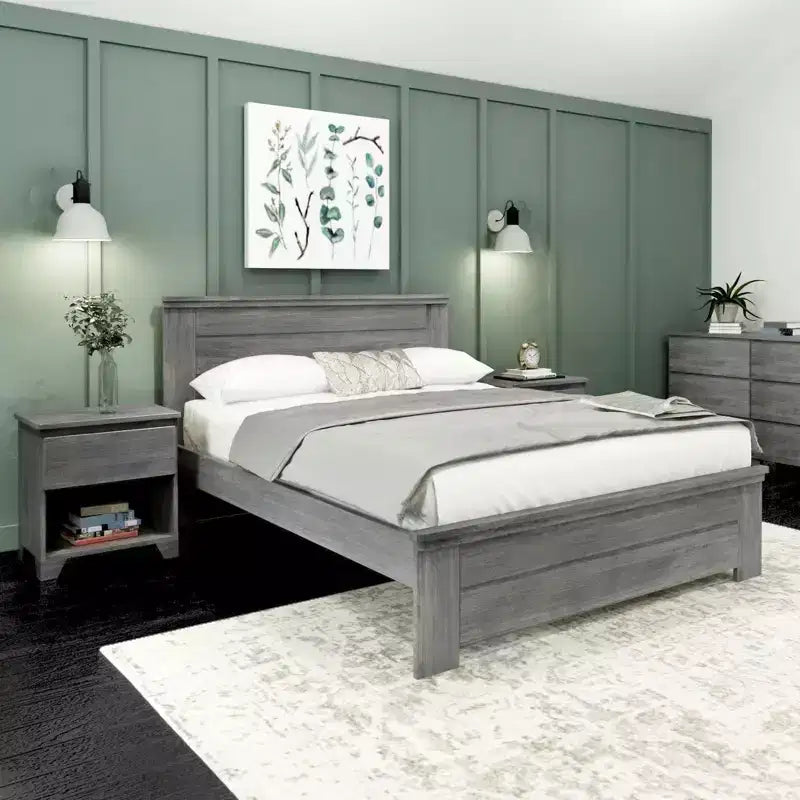 Lit de ferme avec tête de lit à panneaux, lit plateforme en bois massif