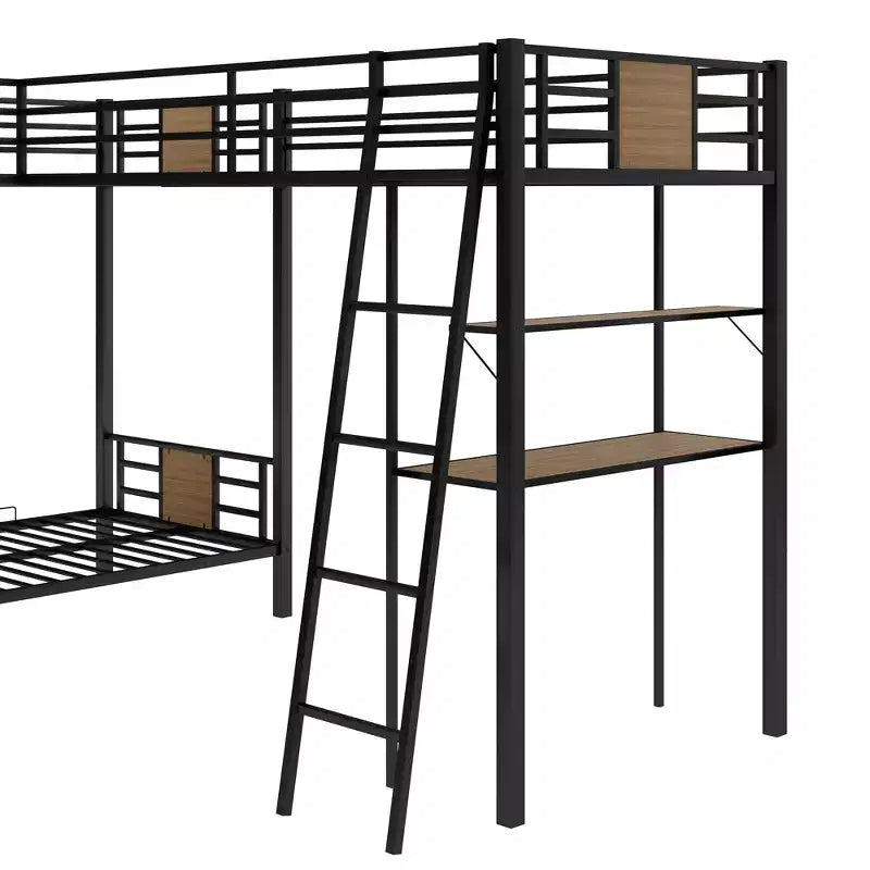 Lit superposé en L simple sur simple avec lit mezzanine simple, bureau et étagère