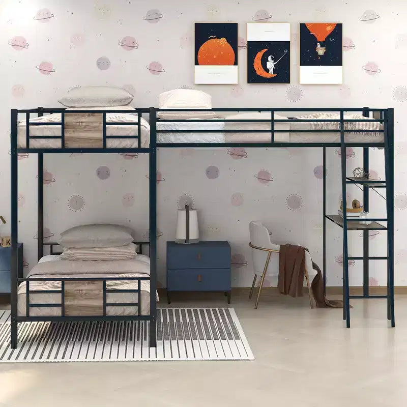 Lit superposé en L simple sur simple avec lit mezzanine simple, bureau et étagère