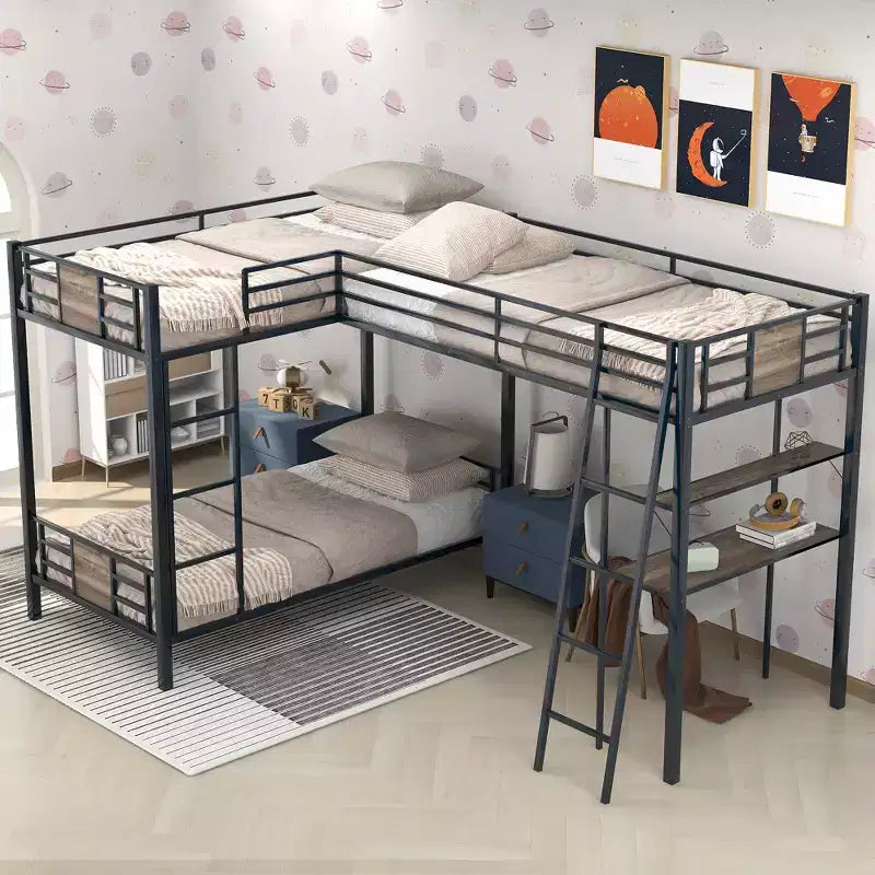 Lit superposé en L simple sur simple avec lit mezzanine simple, bureau et étagère