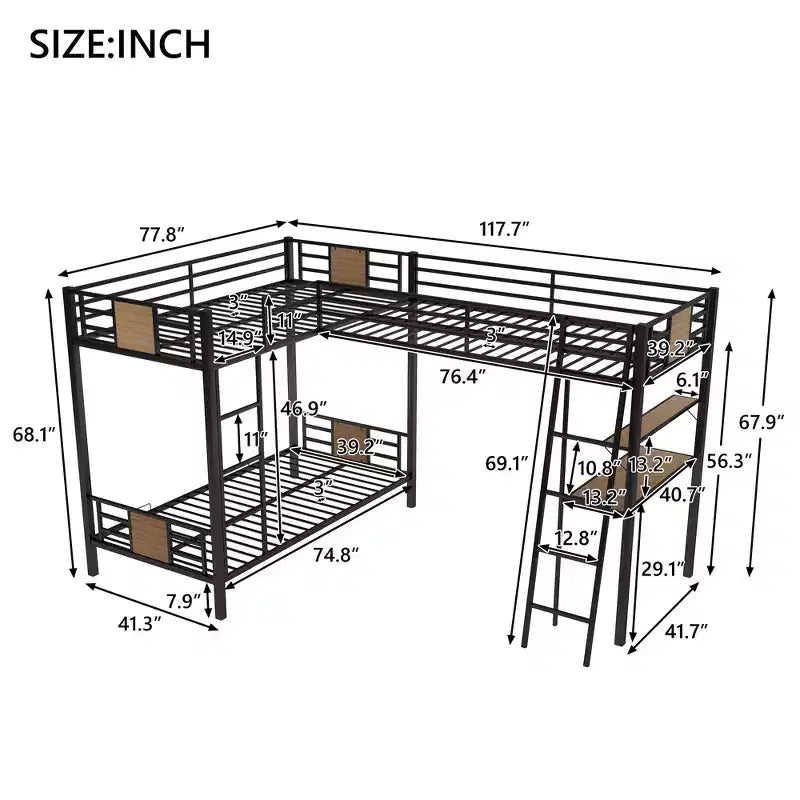 Lit superposé en L simple sur simple avec lit mezzanine simple, bureau et étagère