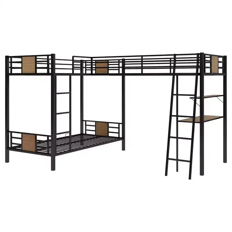 Lit superposé en L simple sur simple avec lit mezzanine simple, bureau et étagère