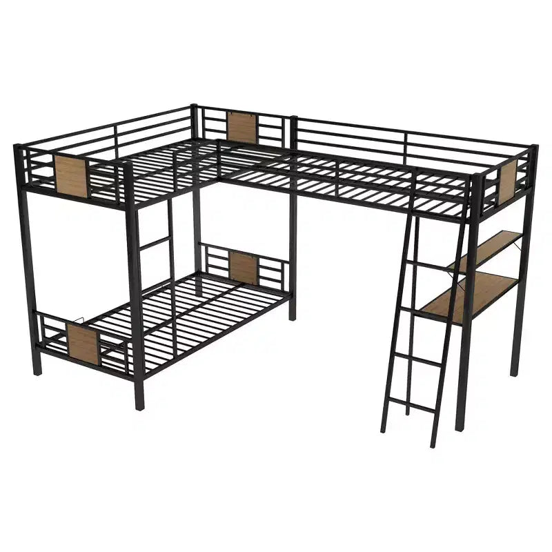 Lit superposé en L simple sur simple avec lit mezzanine simple, bureau et étagère