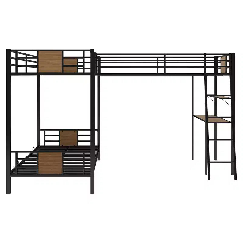 Lit superposé en L simple sur simple avec lit mezzanine simple, bureau et étagère