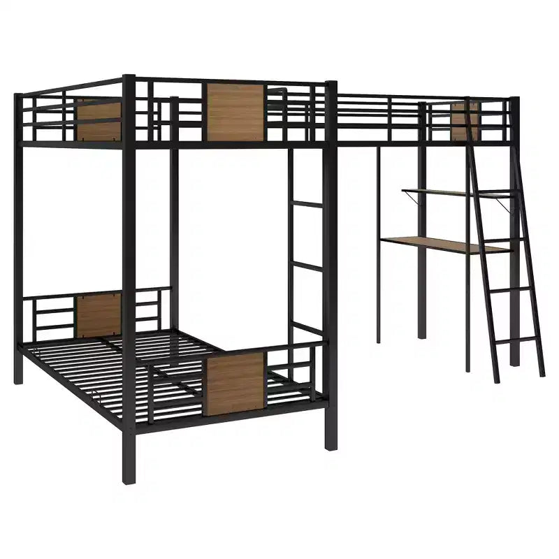Lit superposé en L simple sur simple avec lit mezzanine simple, bureau et étagère