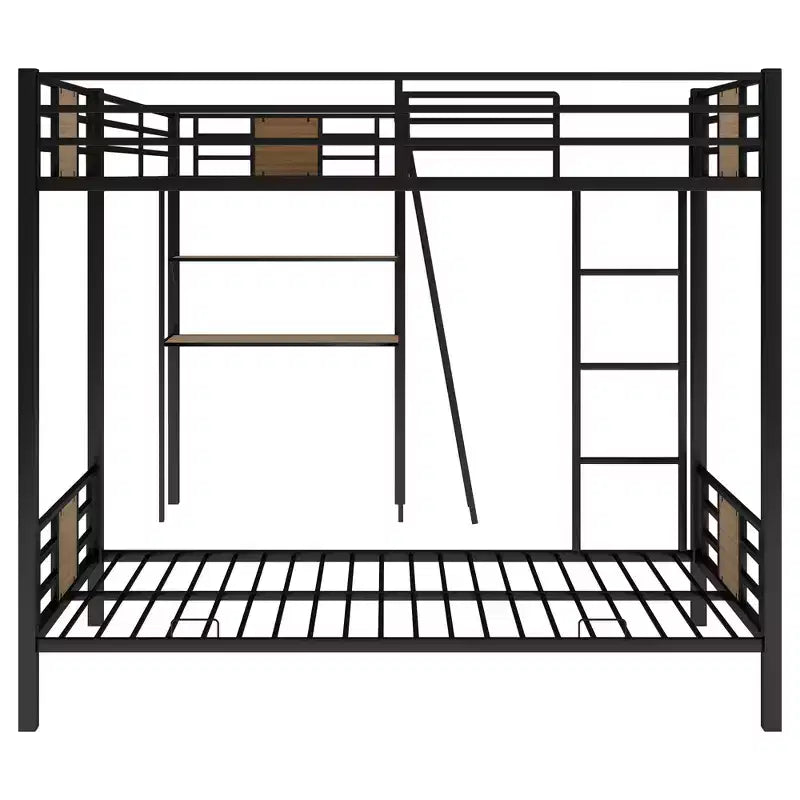 Lit superposé en L simple sur simple avec lit mezzanine simple, bureau et étagère
