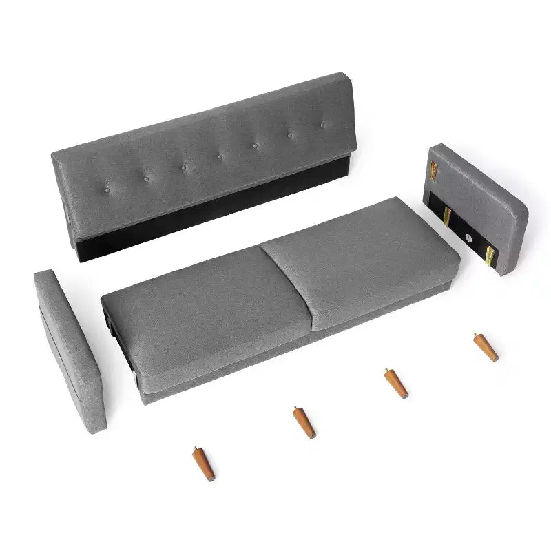 Canapé de style moderne du milieu du siècle avec pochettes accoudoirs, en tissu de lin capitonné