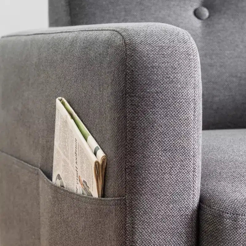Canapé de style moderne du milieu du siècle avec pochettes accoudoirs, en tissu de lin capitonné