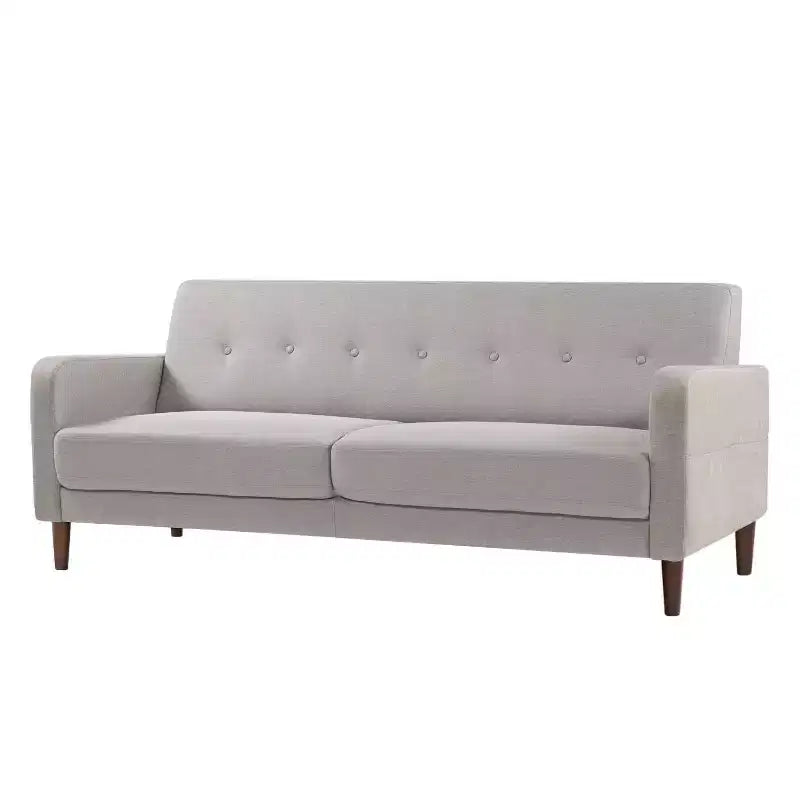Canapé de style moderne du milieu du siècle avec pochettes accoudoirs, en tissu de lin capitonné