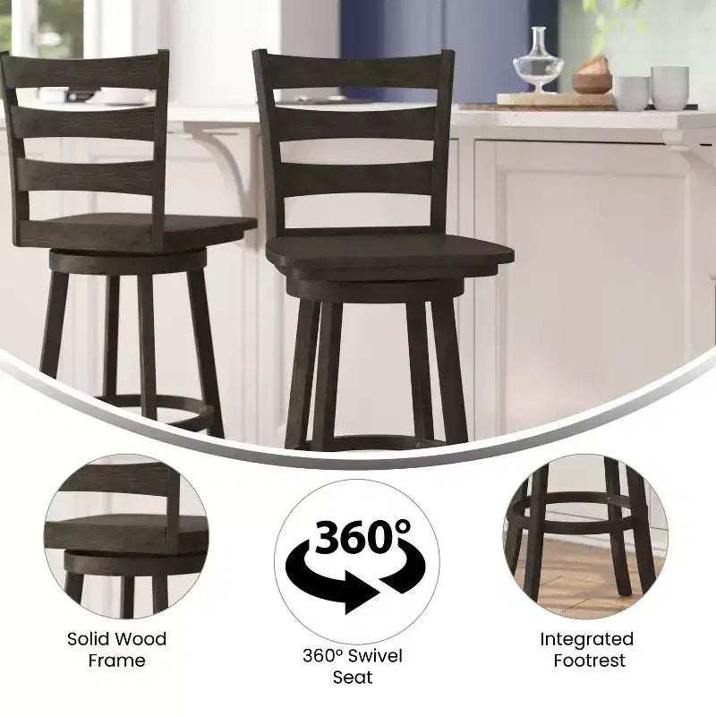 Tabouret de bar pivotant classique en bois à dossier échelle de qualité commerciale, hauteur bar