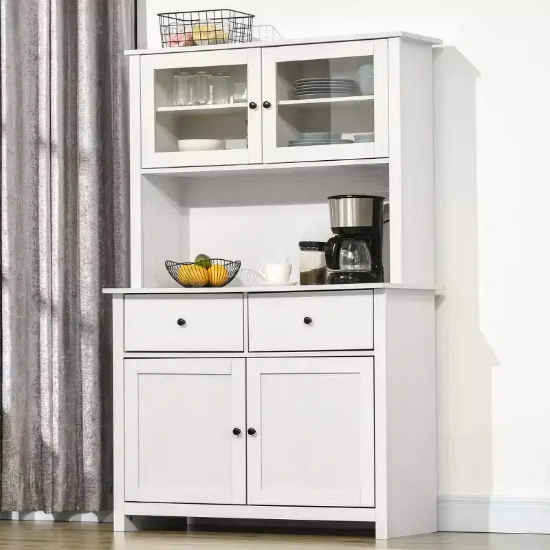 Buffet de cuisine avec huche, Armoire de rangement pour garde-manger avec 4 étagères, Tiroirs