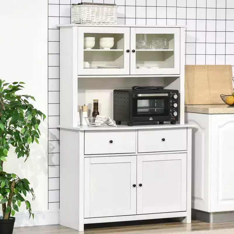 Buffet de cuisine avec huche, Armoire de rangement pour garde-manger avec 4 étagères, Tiroirs