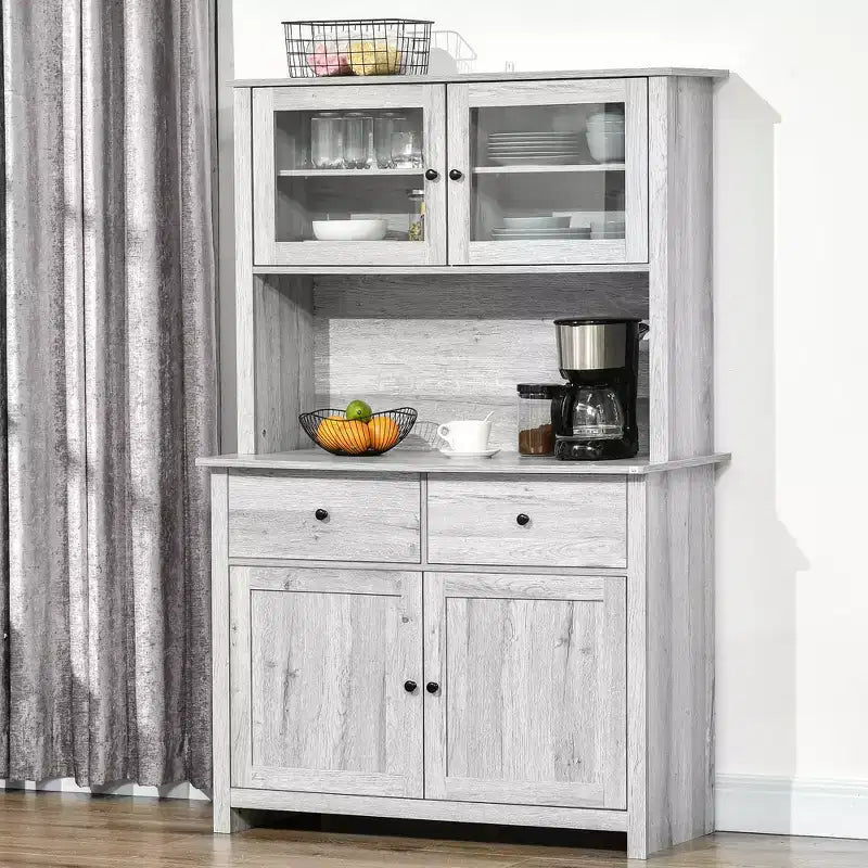 Buffet de cuisine avec huche, Armoire de rangement pour garde-manger avec 4 étagères, Tiroirs