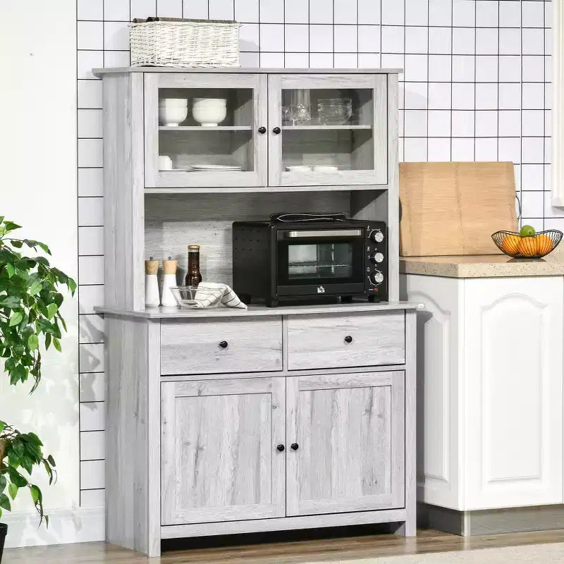 Buffet de cuisine avec huche, Armoire de rangement pour garde-manger avec 4 étagères, Tiroirs