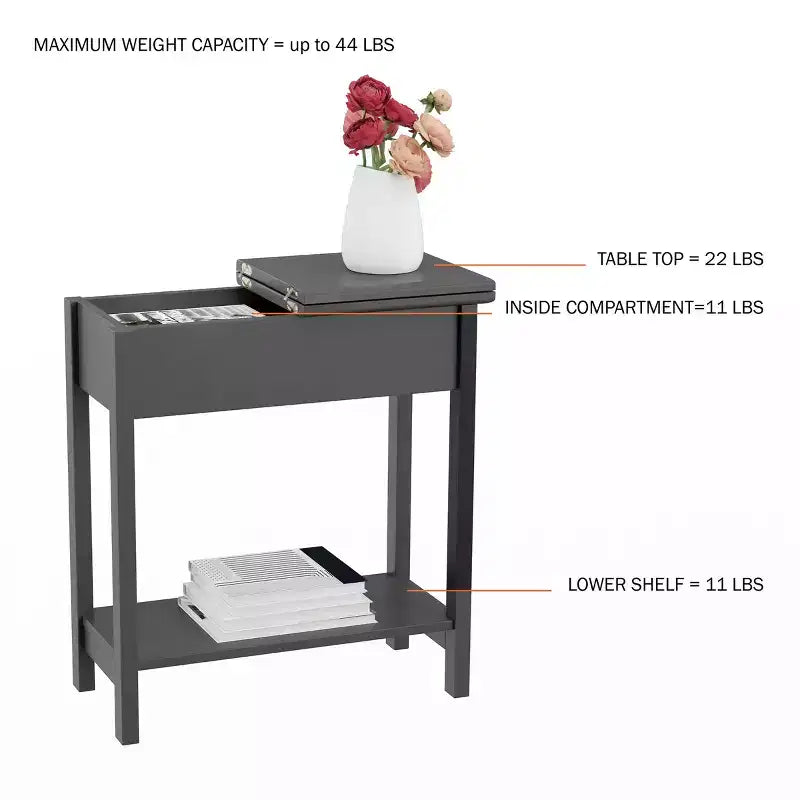 Table d'appoint étroite avec compartiment de rangement et étagère