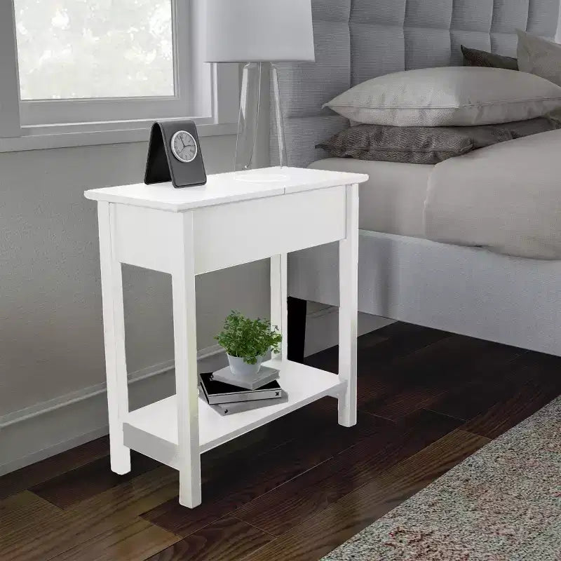 Table d'appoint étroite avec compartiment de rangement et étagère