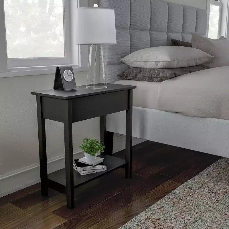 Table d'appoint étroite avec compartiment de rangement et étagère