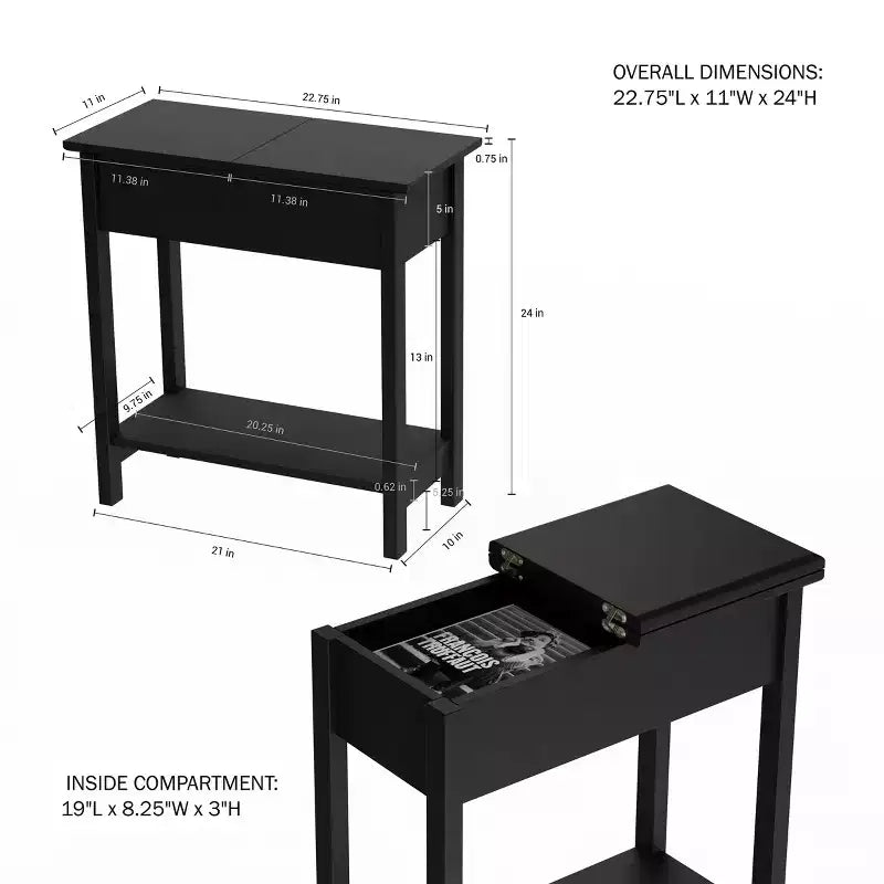 Table d'appoint étroite avec compartiment de rangement et étagère