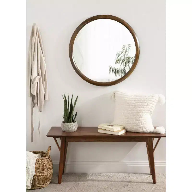 Miroir mural en bois encadré courbé, diamètre, brun noyer