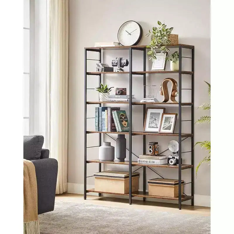 Étagère à livres haute à 6 niveaux, Bibliothèque, Grande étagère en métal, Marron rustique et noir