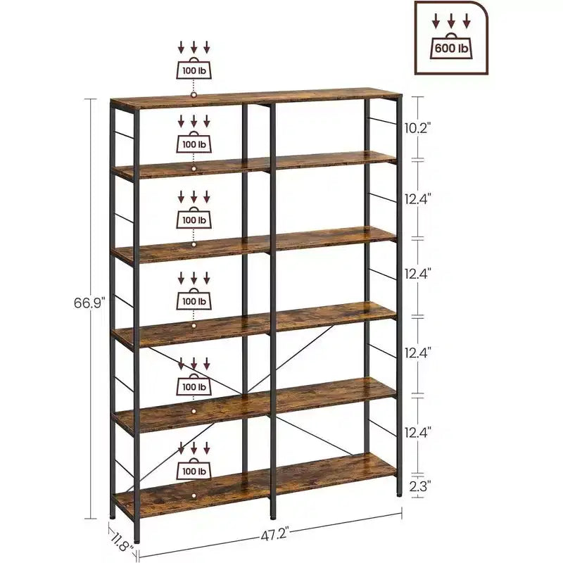 Étagère à livres haute à 6 niveaux, Bibliothèque, Grande étagère en métal, Marron rustique et noir