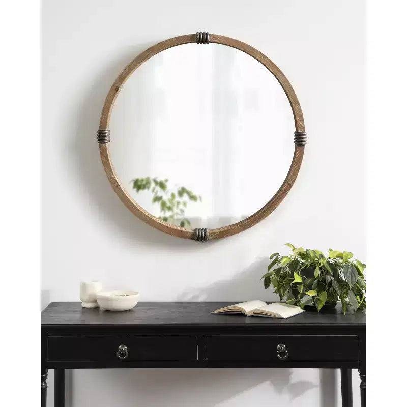 Miroir rond encadré en bois naturel