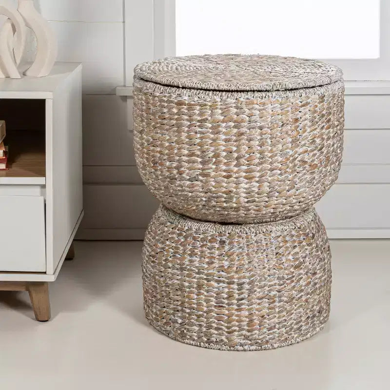 Table d'appoint de rangement sablier en jacinthe tissée à la main