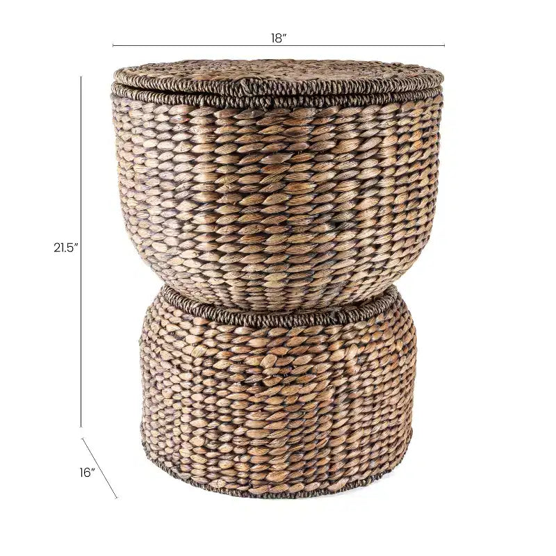 Table d'appoint de rangement sablier en jacinthe tissée à la main