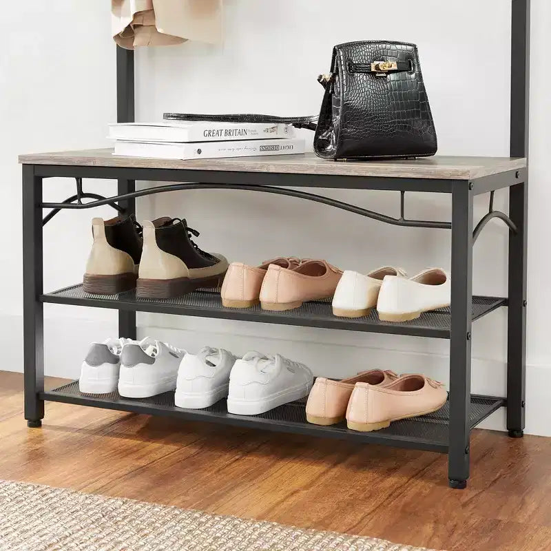 Banc à chaussures, Étagère de rangement 3 niveaux, Meuble d'appoint industriel