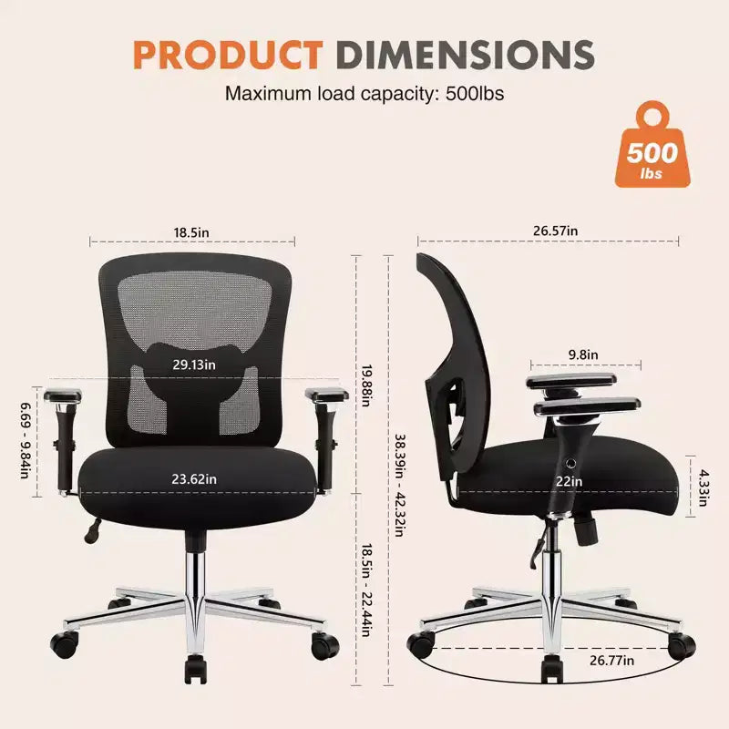 Fauteuil de bureau ergonomique large en maille | Noir