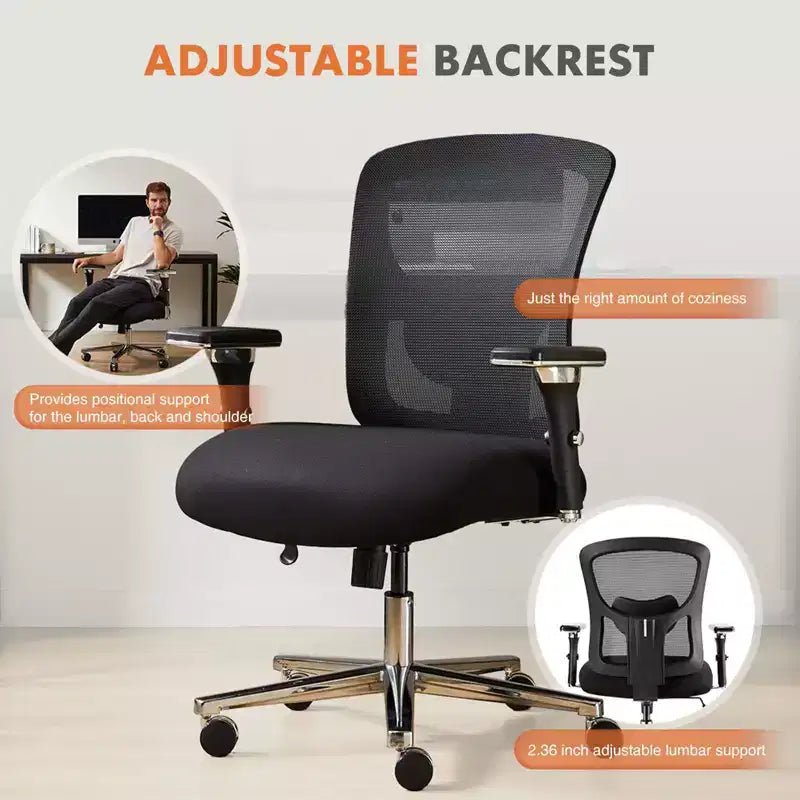 Fauteuil de bureau ergonomique large en maille | Noir