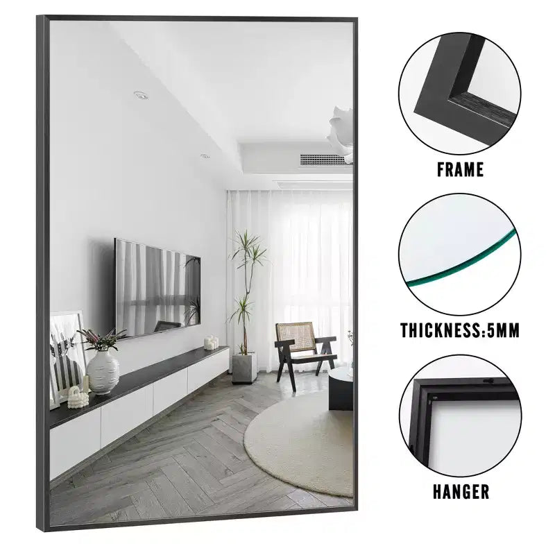 Miroir mural décoratif moderne rectangulaire en alliage d'aluminium à cadre étroit