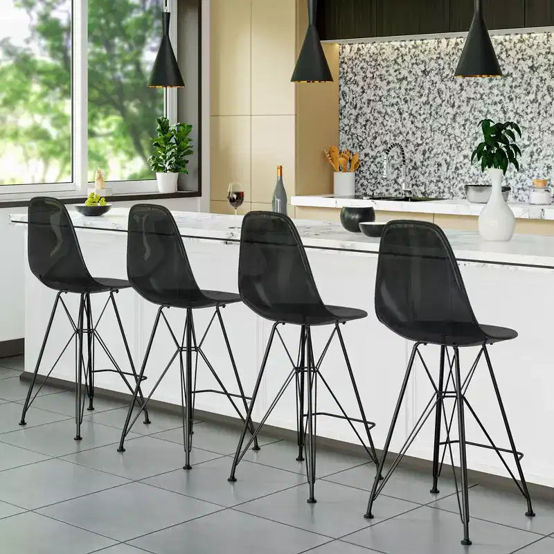Tabouret de bar contemporain en acrylique avec base en acier noir, hauteur comptoir