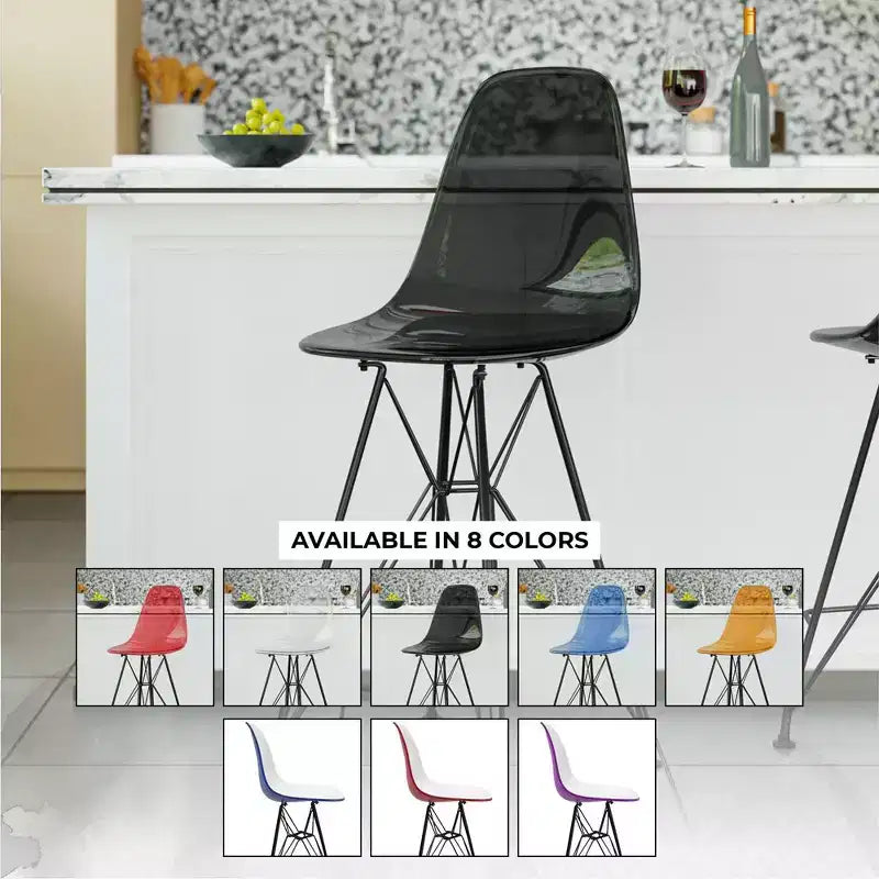 Tabouret de bar contemporain en acrylique avec base en acier noir, hauteur comptoir