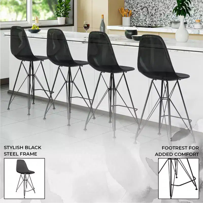 Tabouret de bar contemporain en acrylique avec base en acier noir, hauteur comptoir