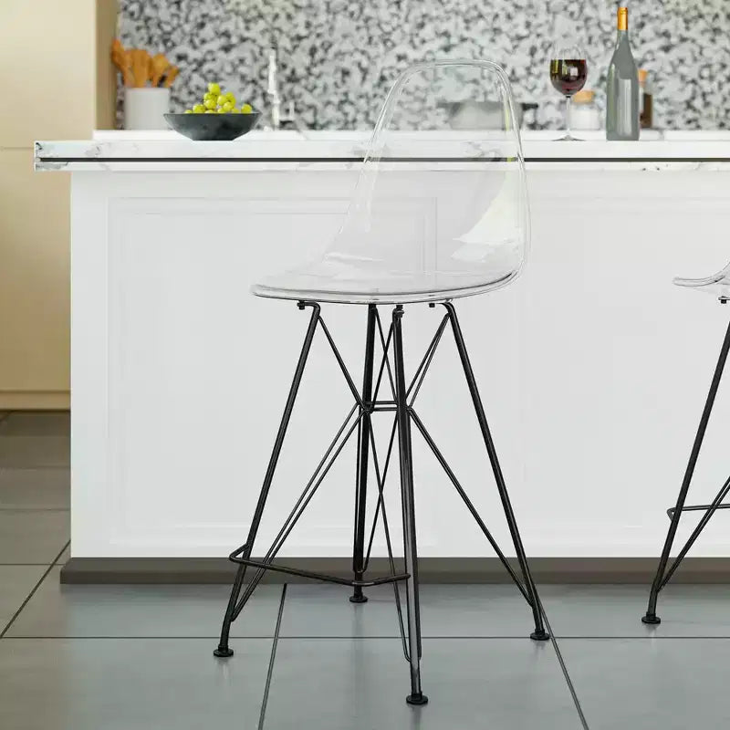 Tabouret de bar contemporain en acrylique avec base en acier noir, hauteur comptoir