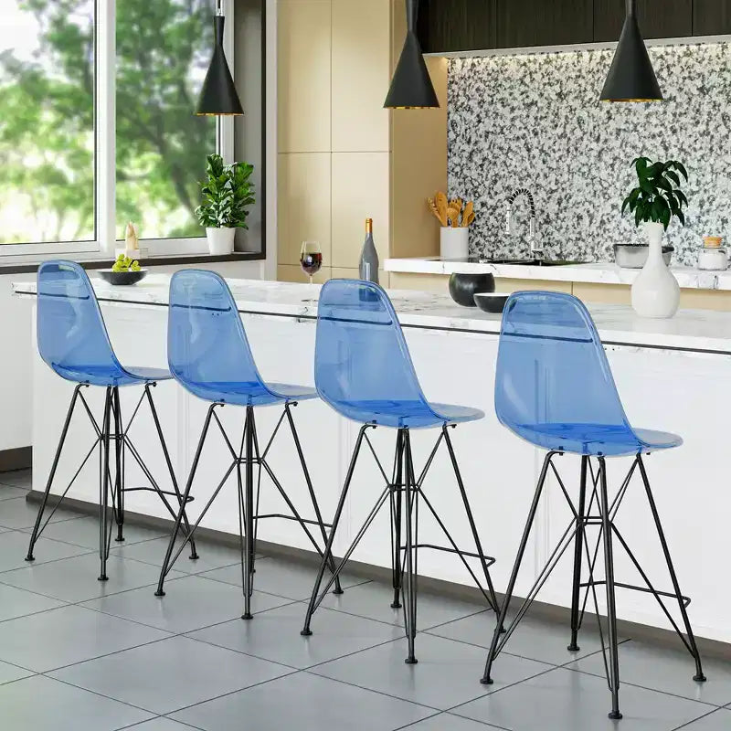 Tabouret de bar contemporain en acrylique avec base en acier noir, hauteur comptoir