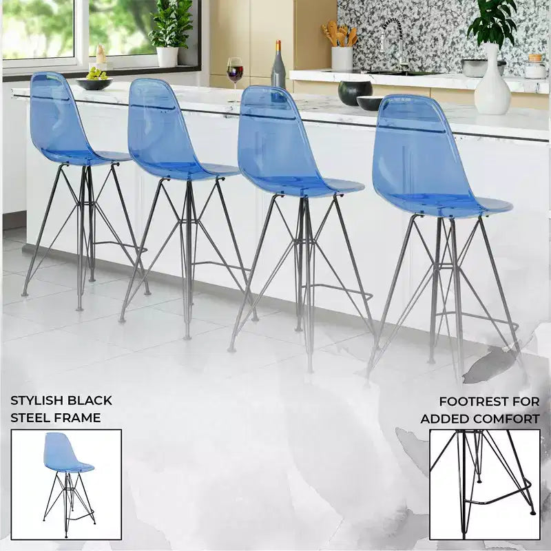 Tabouret de bar contemporain en acrylique avec base en acier noir, hauteur comptoir
