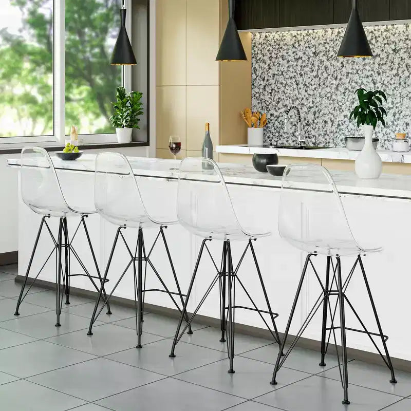 Tabouret de bar contemporain en acrylique avec base en acier noir, hauteur comptoir
