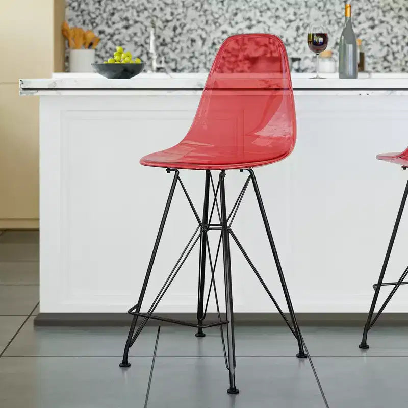 Tabouret de bar contemporain en acrylique avec base en acier noir, hauteur comptoir