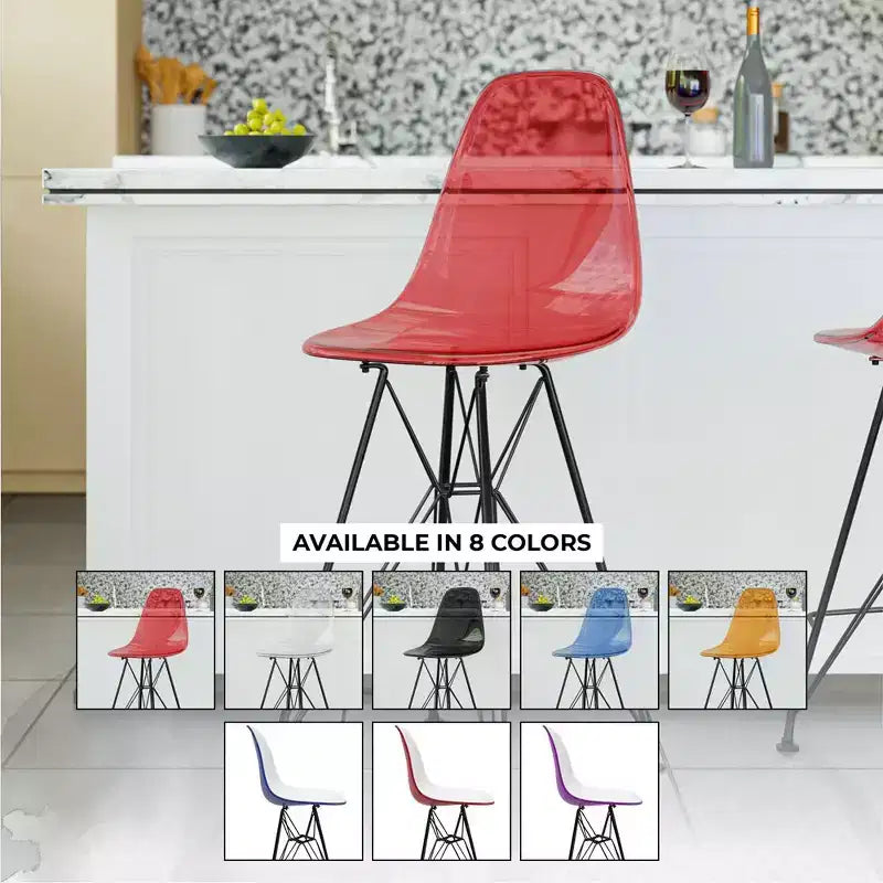 Tabouret de bar contemporain en acrylique avec base en acier noir, hauteur comptoir