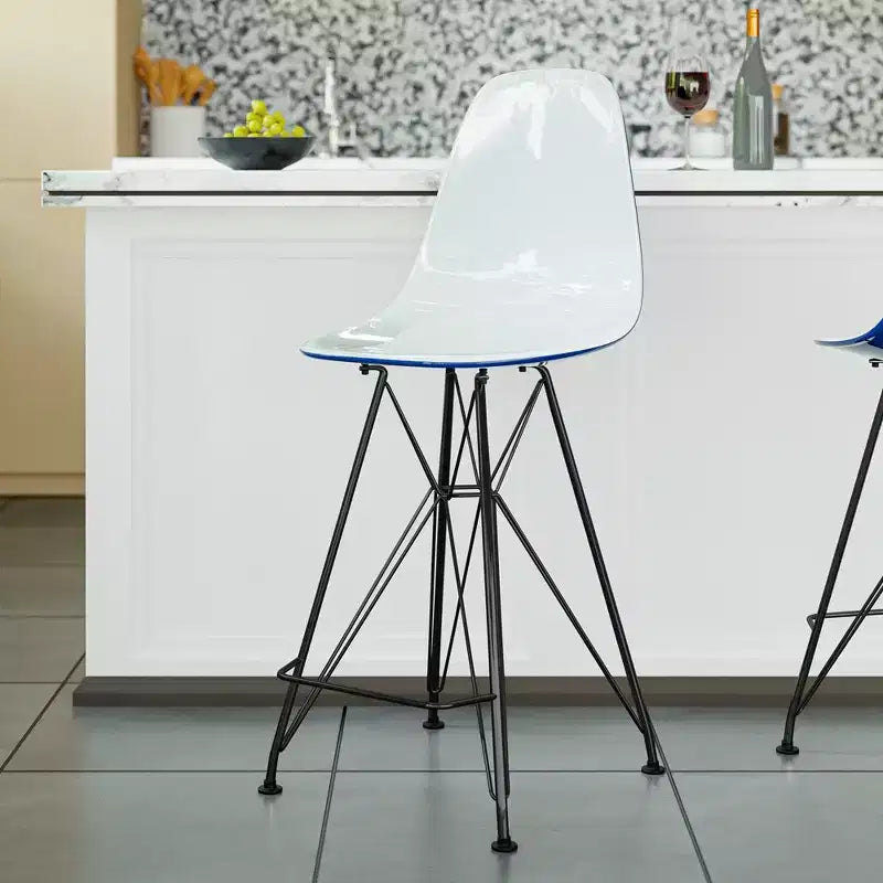 Tabouret de bar contemporain en acrylique avec base en acier noir, hauteur comptoir