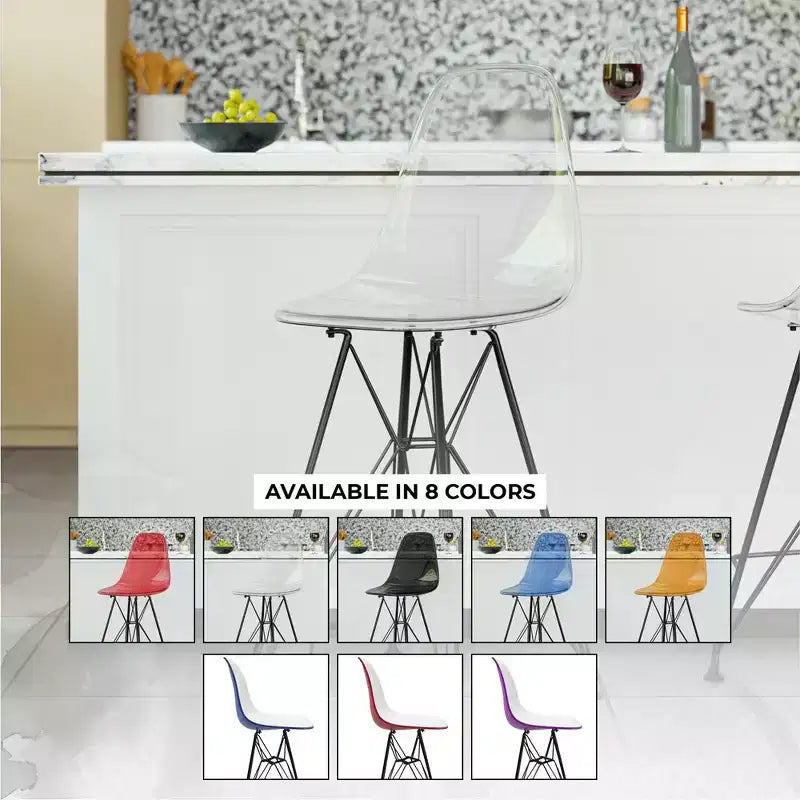 Tabouret de bar contemporain en acrylique avec base en acier noir, hauteur comptoir