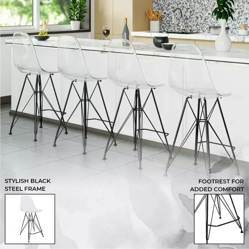 Tabouret de bar contemporain en acrylique avec base en acier noir, hauteur comptoir