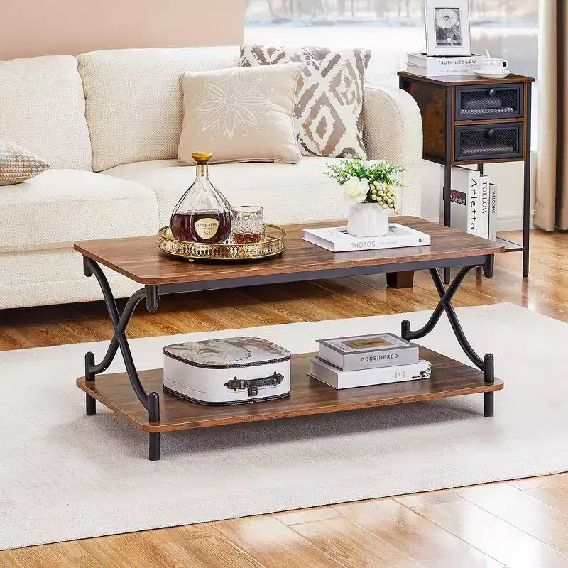 Table basse moderne en bois avec rangement et étagères ouvertes