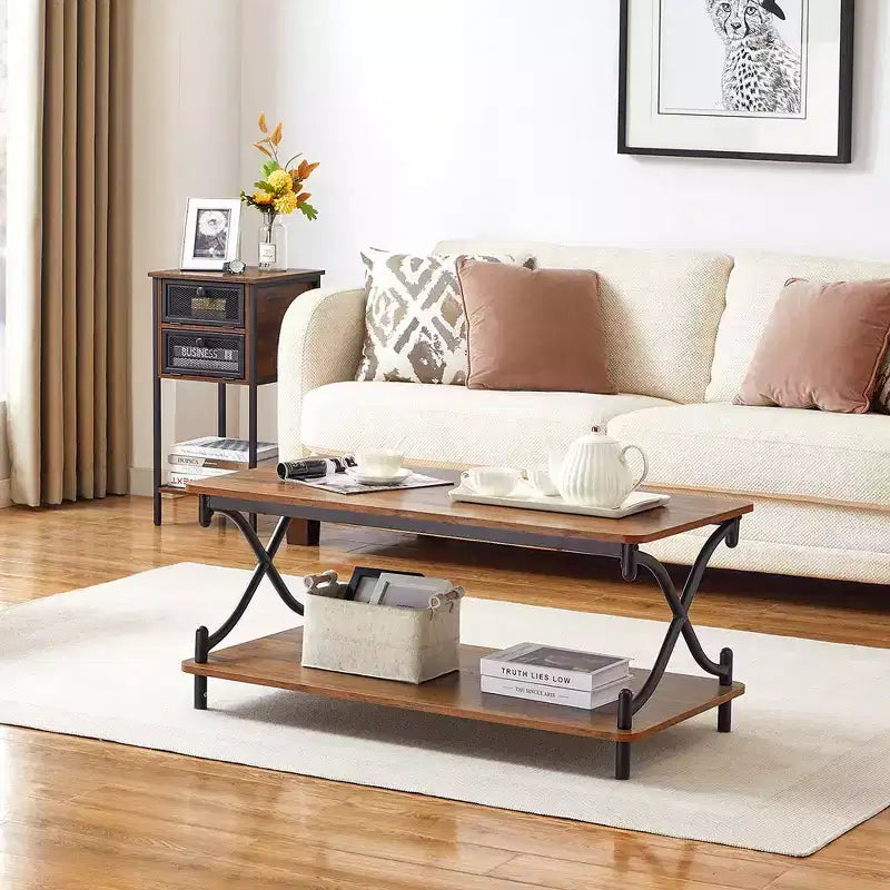 Table basse moderne en bois avec rangement et étagères ouvertes