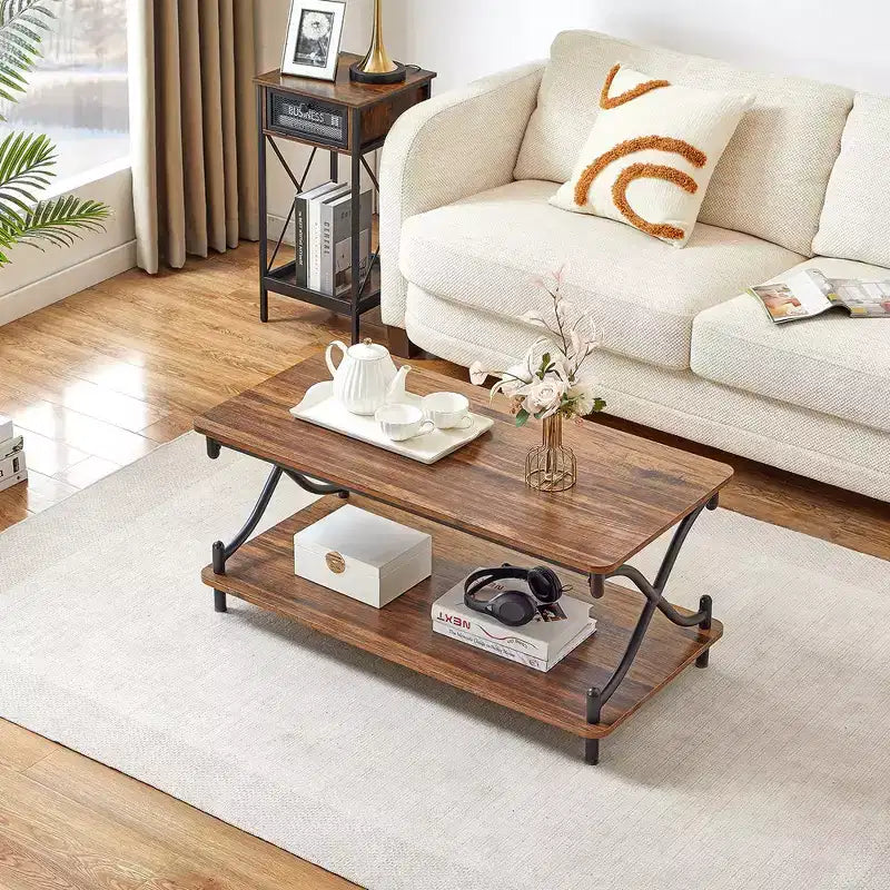 Table basse moderne en bois avec rangement et étagères ouvertes