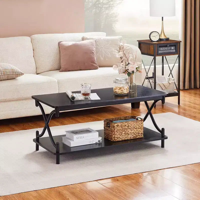 Table basse moderne en bois avec rangement et étagères ouvertes