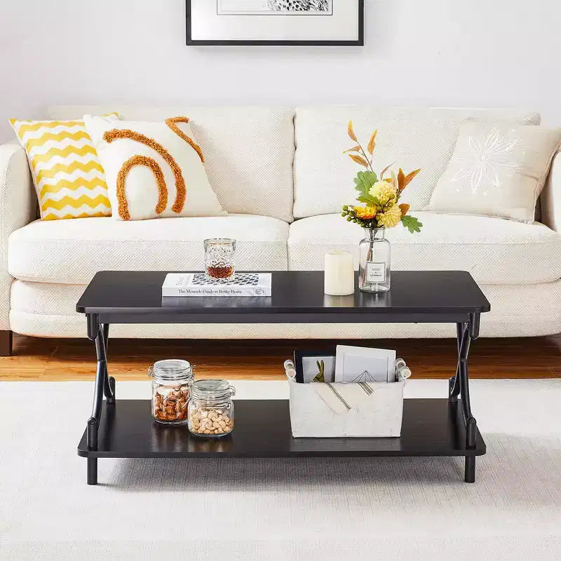 Table basse moderne en bois avec rangement et étagères ouvertes